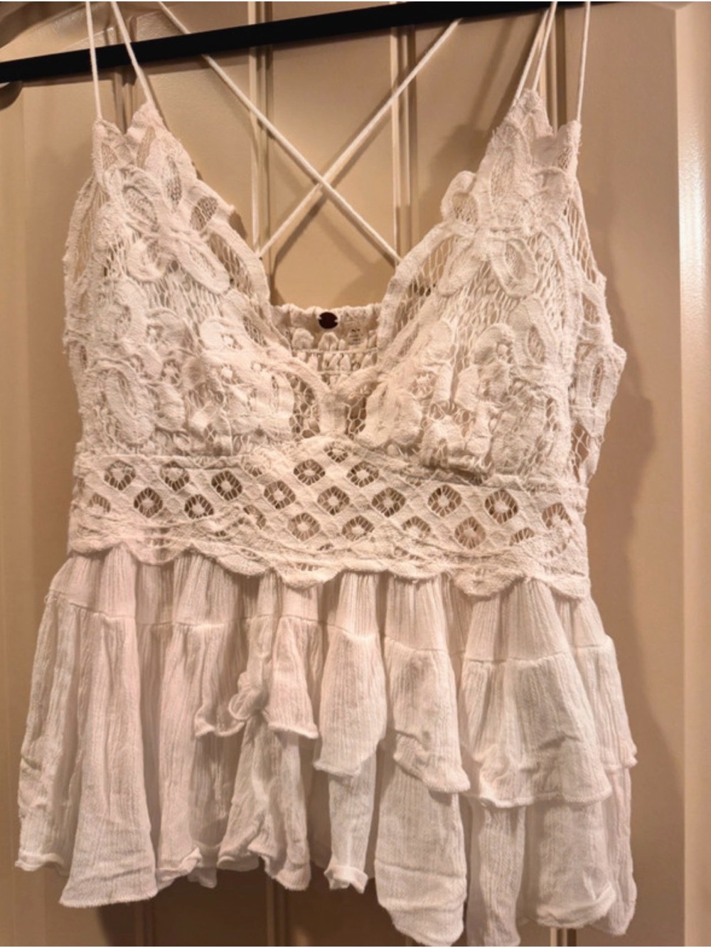 Free People White Lace Crochet Ruffled Cami Top